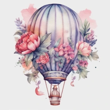Fairy floral hot air balloon, hand drawn Illustration clipart, 4K, extremely detailed, watercolor