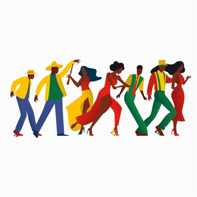 a group of black people jazz dancing, dressed in red, green and yellow, Ernie Barnes art, juneteeth clipart, flat vector style, faceless, minimalist clipart, white background