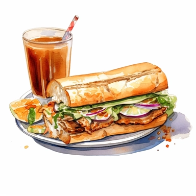 watercolor, hyper realistic, white background, white margins, 16k, ultra detailed clipart, cut out image, hand-drawn Vietnamese banh mi sandwich with grilled pork, pickled vegetables, cilantro, and mayonnaise, served on a crusty baguette, with a cup of Vietnamese iced coffee on the side. in the style of anime art, frostpunk, photo-realistic drawings, villagecore, lively and energetic, high quality, anime