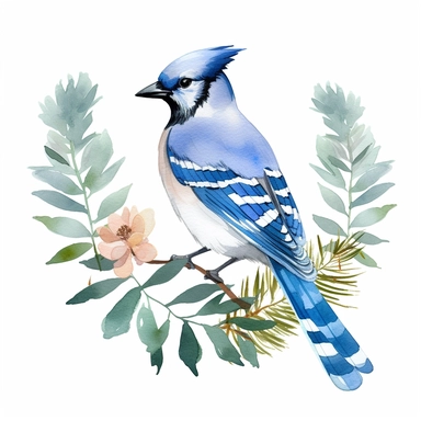 Minimalistic foliage clipart, blue jay,single design, watercolor, vector