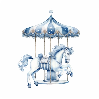 watercolour clipart of blue and white Carousel Pony Nursery Art, with white background