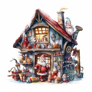watercolor style, Santa's workshop: A depiction of Santa's magical workshop, bustling with elves, toys, and gift preparations. Clipart, isolated on white background, 4K