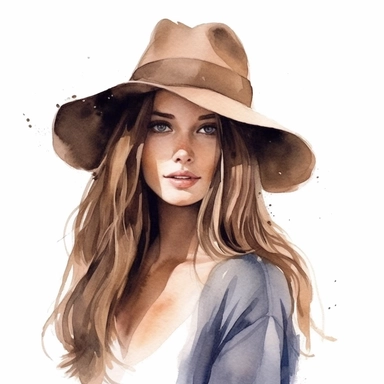 pretty lady with a hat, long brown hair, watercolor, hyperealistic, clipart, clean white background