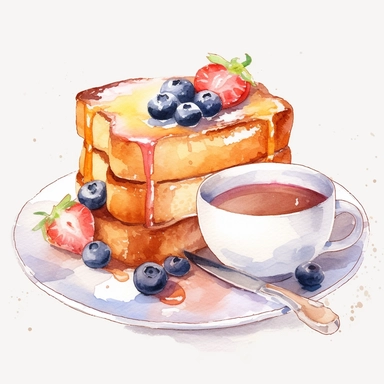 French toast, bacon, blueberries and a cup of hot chocolate, Watercolor, cottagecore, pastels, clipart, beautiful, colourfull, png transparent white background, high resolution, no caption q4 s2