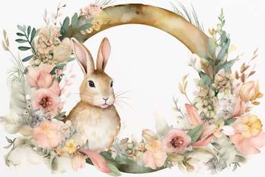 Watercolor Easter floral frame with gold glitter wreath, bunny clipart, and more. Perfect for spring events. , .highly detailed, + cinematic shot + photo taken by sony + incredibly detailed, sharpen details + highly realistic + professional photography lighting + lightroom + behance photography unsplash