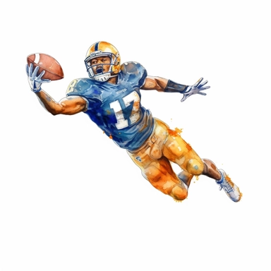 a football player catching the ball, realistic, clipart on white background, watercolor