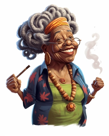 laughing funny Comic Book style Sassy hip African American Boho chic Grandma with rope style dreadlocks puff puff pass Smoking a cuban cigar with smoke on the end tip og cigar clipart