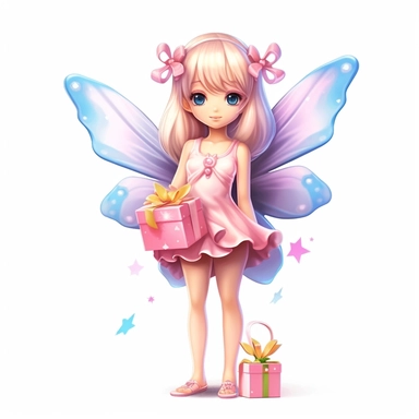 Fairy Clipart, Japan Anime style, beautiful smiling cute fairy holding a birthday gift, full body, on white background