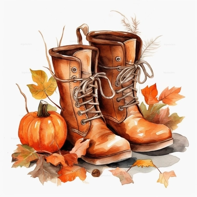 Brown winter boots, autumn leaves, orange pumpkins, watercolor, clipart, white background no watermarks