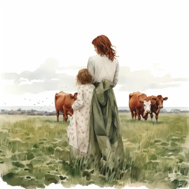 Clipart, a faceless woman holding a child in a field of cows, a digital rendering by Laura Wheeler Waring, white background, shutterstock contest winner, american scene painting, detailed painting, watercolor, digital illustration