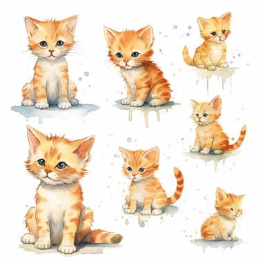 A charming watercolor cat clipart bundle, the side view of a baby cat walking with grace and elegance. showcasing an adorable cat cub engrossed in playful activities. Against a clean white background, the watercolor painting depicts the cub's unbridled enjoyment and sense of fun. This cute baby animal clipart bundle infuses designs with a lively and joyful atmosphere, creating a delightful and engaging visual experience. /artistic_style:Watercolor painting /background:white /subject:playful cat 