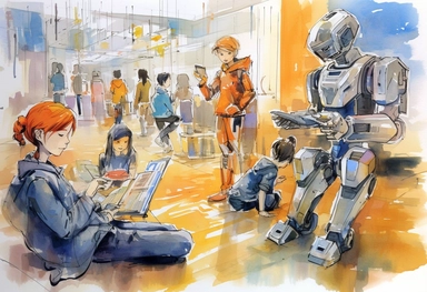 watercolor sketch, simple Clip art, realistic line art, doodle, portrait, In the year 2050, students engage in a transformed learning environment where robots, students, and teachers play distinct roles, Various learning technologies revolutionize the educational landscape, including advanced robotics and artificial intelligence, virtual reality, augmented reality, and intelligent tutoring systems, Learning takes place in a variety of locations, ranging from technologically enhanced physical cla