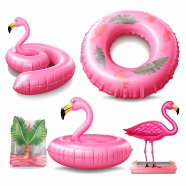 vector clipart set inflatable innertube in the shape of a pink flamingo, alligator, cabana, isolated, hd, no background, realistic