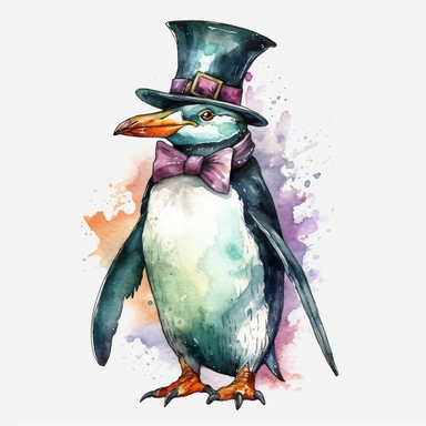 penguin, top hat, full body, cartoon style, baroque, watercolor, colorful, clipart
