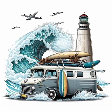 Visualize a scene of adventure: a van elegantly navigating through a misty wave, surfboards ready for thrilling rides, with a towering lighthouse shining its beacon in the distance, against a clean white backdrop, illustration style, white background, clipart, PNG pure white background, high resolution, hyper detailed, best quality, high detailed illustration