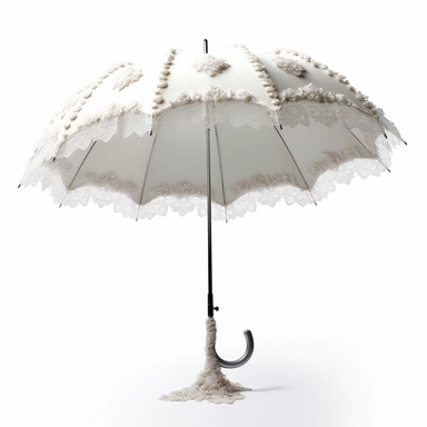 pretty white victorian parasol with white pom poms on the edges for clipart on a white background
