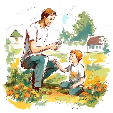 clipart father and son in the garden, sunny day, cute magic moment, vivid colors, white background, simple, contour, stroke, no text, no watermark