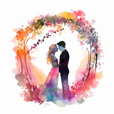 Design a romantic watercolor clipart of Colorful PASTEL Modern Watercolor Bride in Bright White Bridal Gown and Groom in Black Tuxedo and White Shirt standing together in a rainbow color spring flora wreath, with the sun setting, white Background, 8k