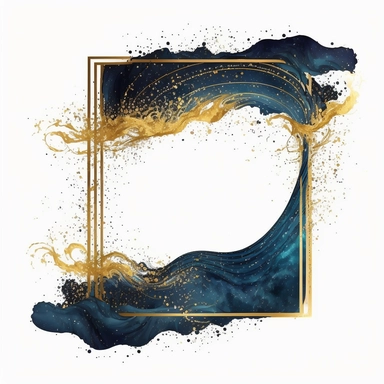 Celestial Gold rectangle Frame, dark aesthetic, gold grunge line, wavy blue liquid, watercolor background, gold stars, white background, isolated, watercolor clipart, highly detailed 8k