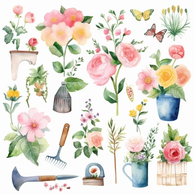 a whimsical cute cartoon collection on white background with margins, Watercolor rose Garden Clipart , Provence floral spring clipart, roses in wall hanging, garden furniture, birds and butterflies around roses, roses in flower pots, Garden tools, single 