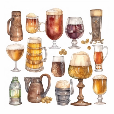 clip art, medieval beer mugs and stines, wine glasses and shot glasses, Highly detailed, light watercolor, white background