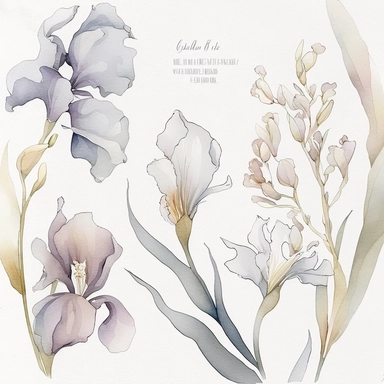 watercolor floral CLIPART, WHITE AND LAVENDER IRIS+ BABY PINK TROPICAT BLOSSOM PREMADE BORDER CLIPART, pastel pale COLORS, clipart, no background, blank space for writing, CLEAN OUTLINE, delicate and elegant, dreamy airy color, classic style, airy watery colors, with elements of GREEN LEAVES and bluberries, hd, best quality, 8k,