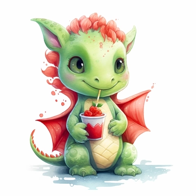 cute funny avocado green dragon, red cardigan, milkshake, cute nursery painting, style by Lucy Fleming, watercolor, smooth gradients, black contour outline, ultra detailed, clipart elements, delicate pastel colors, solid white background, super clear, high quality