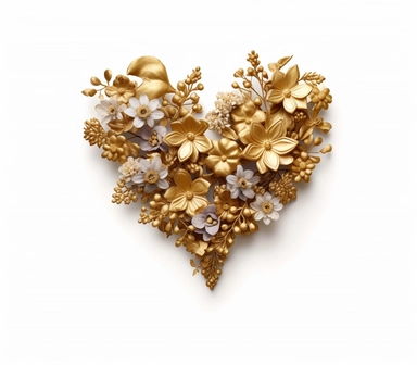 a thin gold heart shape with the outside covered with some minimalist flowers, clipart on white background
