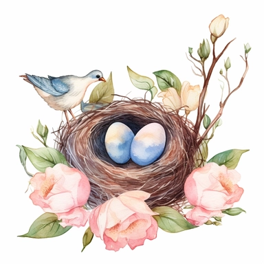 handprinted Watercolor Bird Nests Clipart, flowers, and leaves, 3 eggs on the nest and the bird sit beside on the nest. mother bird sitting beside of nest.