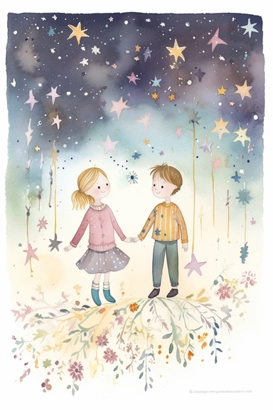 5 years old boy and girl, a constellation of stars twinkling above, isolated on white background, clipart, loose, watercolour gouache, textured, paper, naive folk art, whimsical, in the style of Lilla Rogers agency illustrator, isometric perspective, storybook style, pastel colours, subtle patterns, stripes, dots, floral