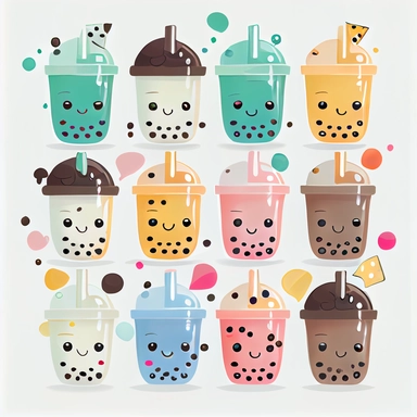 beautiful tiny happy face kawaii boba in various flavors and types, clipart collection, white background, many tiny
