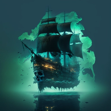 Flying Dutchman ghost ship with torn sails floats ominously through the mist and fog. The ship's bow is adorned with a skull, its eyes glowing with an eerie light, clipart, anime, 4k,