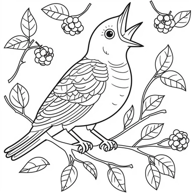 Draw a clipart-style black and white illustration of a cute and colorful robin bird singing and eating berries. Use simple outlines and bold lines to make it easy for children to color. Make sure to leave some space for children to color. Add a simple and linear black and white background that fits the anecdote and is suitable for coloring.
