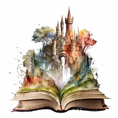 Clipart, Mythical Watercolor Castle Emerging from an Open Book, no background, hd