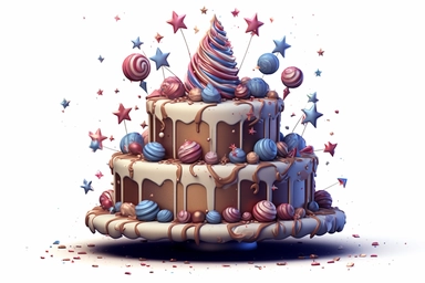 Celebration party birthday cake with lots of icing and decorations sublimation clipart, 4th of July theme, intricate detail, illustration style, 4k, high solution, on the white background