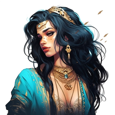 Disney princess Jasmine, long black rocker hairstyle, Arab skin colour, turquoise leather jacket over a ripped blue dress, Gold and blue jewellery, skulls, gothic style, rock style, clipart, white background, by Kawacy