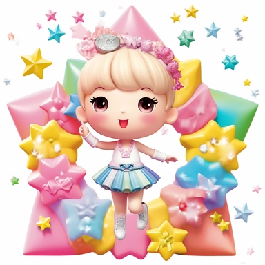 Cute little ballerina dancing over the rainbow, 2 poses and expressions, smiling, happy, candy crush style, 3D, stars and hearts around, pastel colors, kawaii style, chibi style, stars around, isolated on a solid white background Clipart style