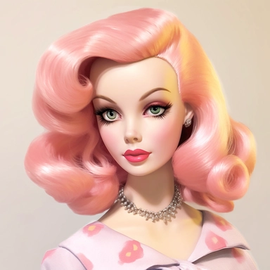 Beautiful pretty barbie doll 50's style, paint art style, detail, clipart, white background, superrealistic, one of a kind