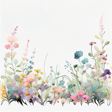 pastel color high resolution many field blossoms and flowers, floral bottom low border, watercolor clipart, white background