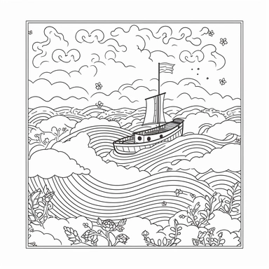coloring page for kids of boat in ocean, white neutral background, clean line art, low details , 1,5px thick black lines, clipart
