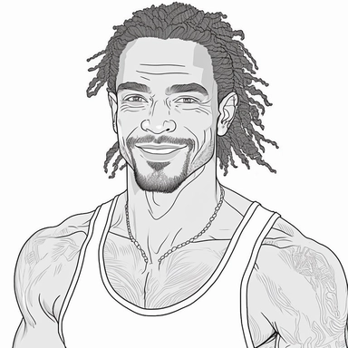 monochrome classic coloring book page of full body head to toe clipart style of smiling, handsome African American man with smooth skin no blemish, he has round detailed eyes, chiseled face with hair, very muscular, tank top, hyper realistic, hyper detailed, hair is short curly dreadlocks, wearing a full African outfit, line art, 8k polished focused photography, there is no background on this image