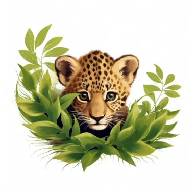cute leopard cub, playing hide-and-seek behind a bush, bold colors, clipart, on a white background