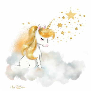 one gold glitter unicorn clipart with a rainbow an fluffy gold clouds,, white background
