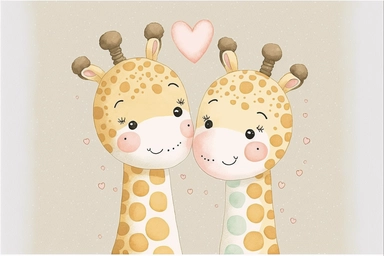giraffe couple love valentine, Kawaii style, watercolor clipart, flat colors, ultrahigh details, high quality, almost vector style, white background, 8k,