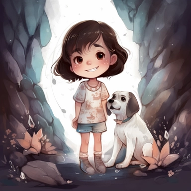 A happy 6 year old girl with dark hair and dark eyes and a white puppy in an Echoing Caves, with sound waves reflecting off the cave walls to create echoes , Watercolor Clipart, strybk, full Illustration, 4k, sharp focus, watercolor, smooth soft skin, symmetrical, soft lighting, detailed face, concept art, muted colors, watercolor style, strybk, children's style fairy tales, chibi kawaii, . Octane rendering, 3d. Perfect face, detailed face, delicate face, perfect sharp lips, detailed eyes. Craig