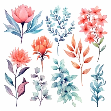 atercolor, handpainted floral clipart, transparent background, 6 elements evenly spaced out by 1 inches