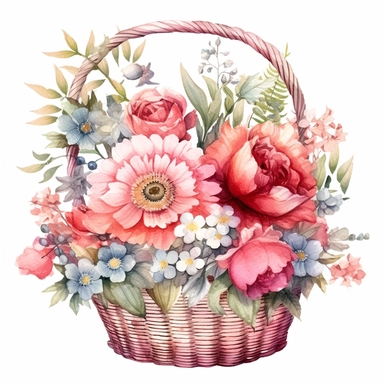 Fairytale style flower arrangement in the magical basket with watercolor effect,suitable for digital clipart,white background,fairytale scene,soft colors,fairy twinkles, soft red, soft pink Clipart ,Cartoon,hyper realistic, intricate detail, illustration style,high solution,on the white background