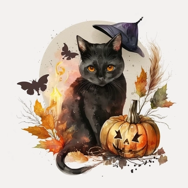 Watercolor black witch cat Halloween clipart, pumpkin, autumn season, Watercolor Sublimation design, white background