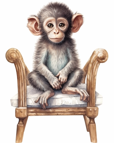 detailed watercolor Baby Monkey on a chair , hyper realistic, isolated on a white background, clipart