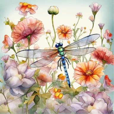 artwork in the style of cicely mary barker, clipart, whimsical watercolour illustration of a cute dragonfly and flowers, very colourful, watercolor clipart, book cover illustration, hyper HD, white background
